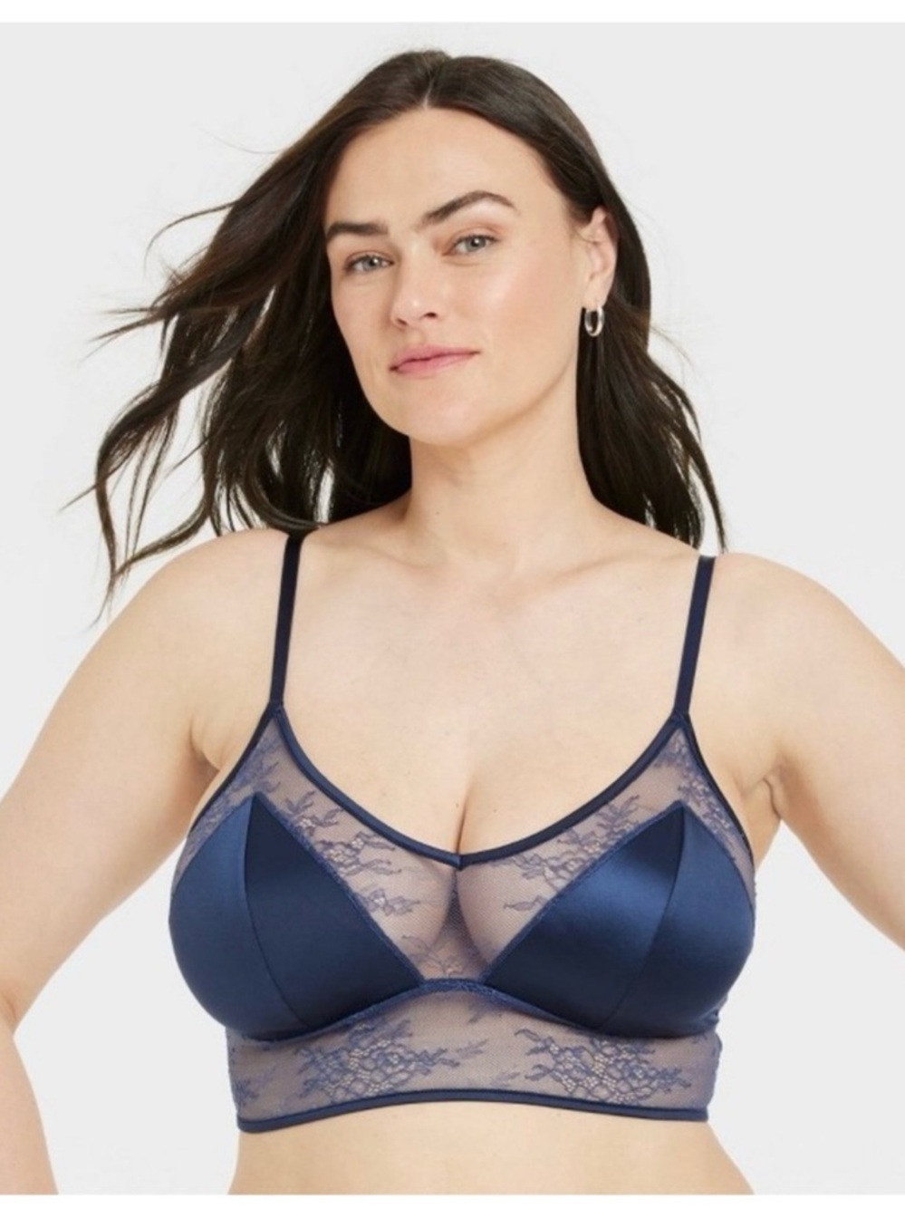 Satin and Lace Longline Bralette - Auden™ Smart Blue Adjustable Strap Size XL